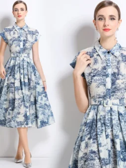 Belted Printed Short Sleeve Midi Shirt Dress