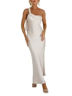 Satin One Shoulder Ruffle Maxi Dress