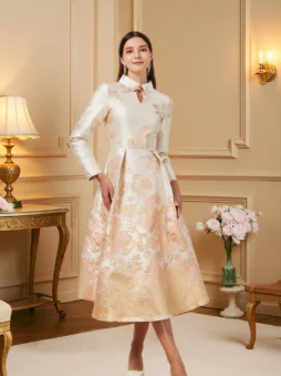 Pink Gradient Jacquard Mandarin Collar Dress