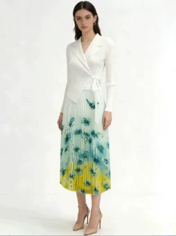 Printed Gradient Pleated Collar Midi Dress