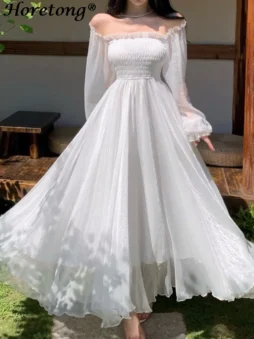 White Off Shoulder Puff Sleeve Maxi Dress