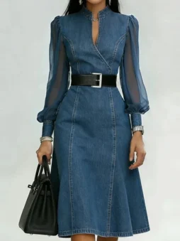 Denim Look Mesh Sleeve A-Line Office Dress