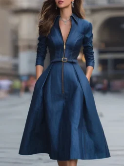 Blue Pleated A-Line Midi Dress with Pockets