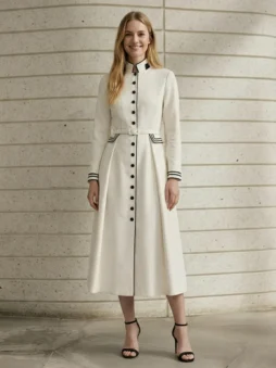 White Contrast Trim Belted Office Midi Dress