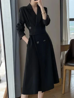 Black Long Sleeve Blazer Style Midi Dress
