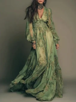 Bohemian Floral V-Neck Long Sleeve Maxi Dress