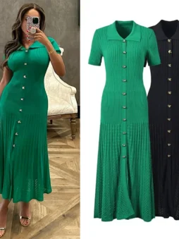 Vintage Knit Button Front A-Line Maxi Dress