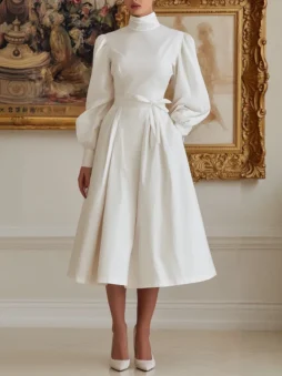 White Turtleneck Puff Sleeve Bow Waist Midi Dress