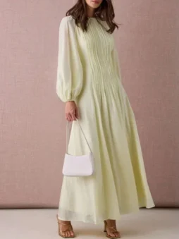 Long Sleeve Pleated Swing Maxi Dress