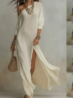 Long Sleeve Knit Pleated Midi Dress with Side Split