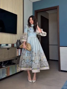 Lace Print Belted Shirt Dress with High Collar