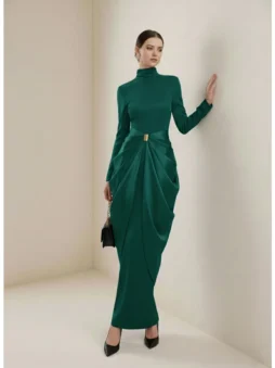 Belted Turtleneck Long Sleeve Maxi Dress