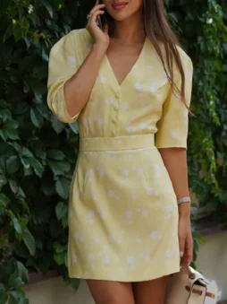 Floral V-Neck Single Breasted Mini Dress
